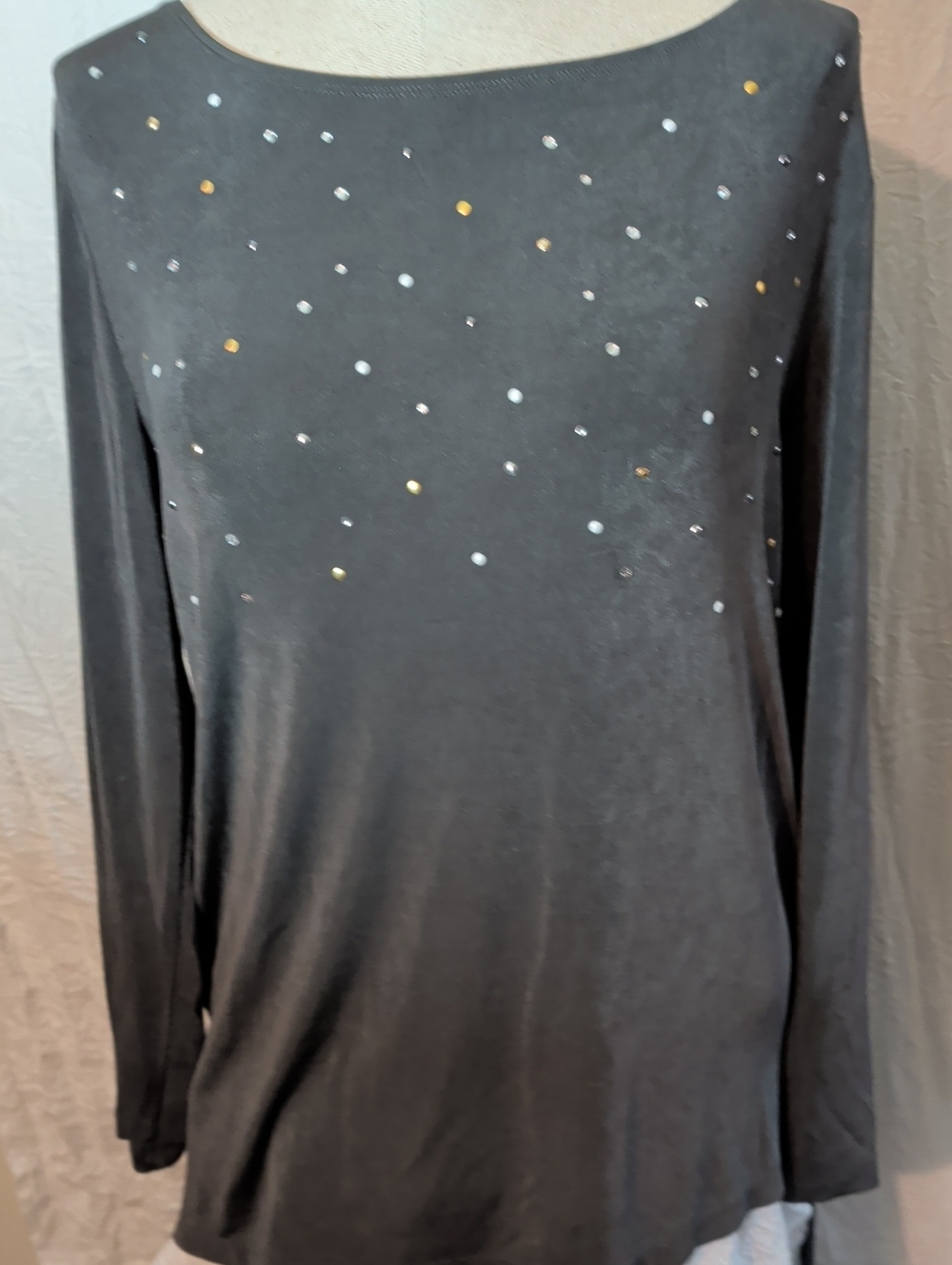 Black Long-Sleeve Top with Gold & Silver Stud Accents